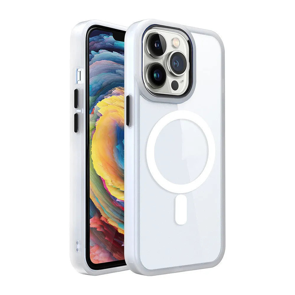 Magnetic transparent silicone phone case for iPhone in various colours including green, red, blue, black, and pink