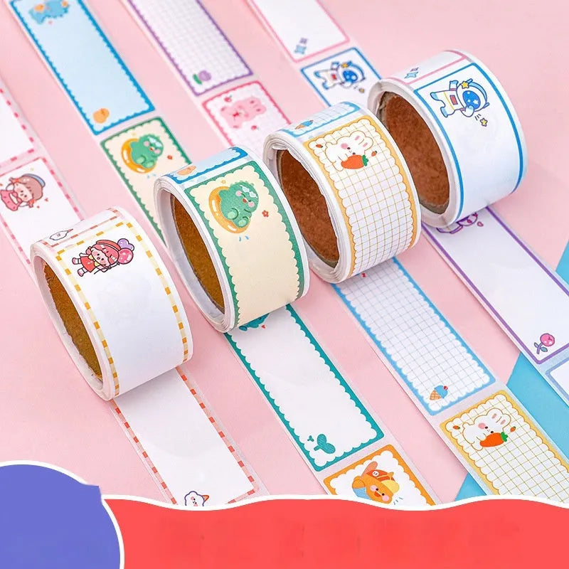 Roll of cartoon name stickers with astronaut, dinosaur, rabbit, and girl designs for student labelling
