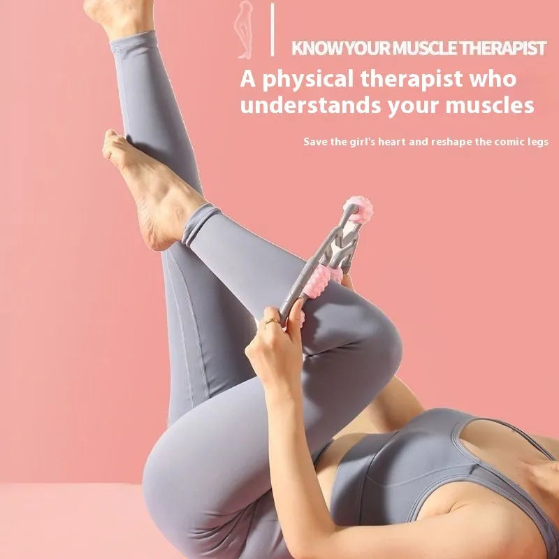 Leg massager roller with ring clip handle showing wheel configurations for muscle relaxation
