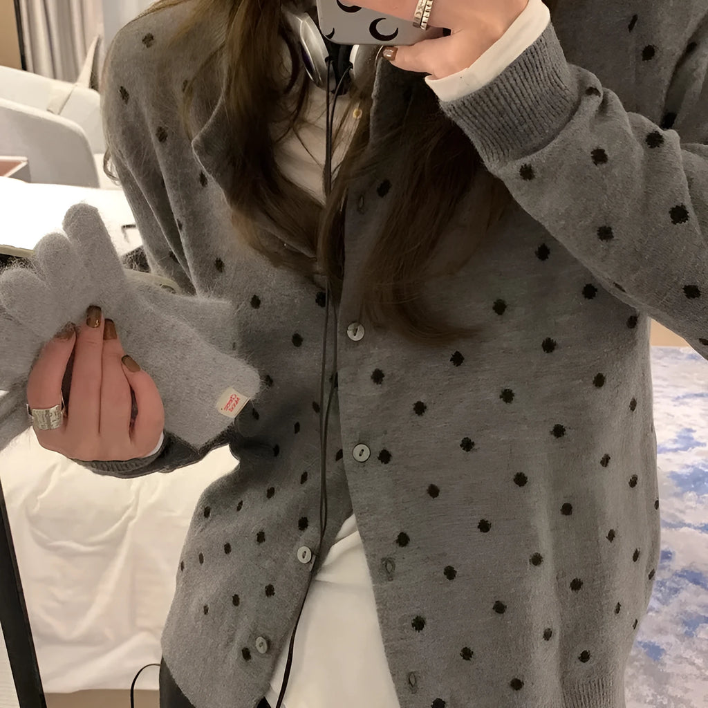 Women's gray dot pattern knitted cardigan with crocheted flowers, loose fit viscose fibre construction