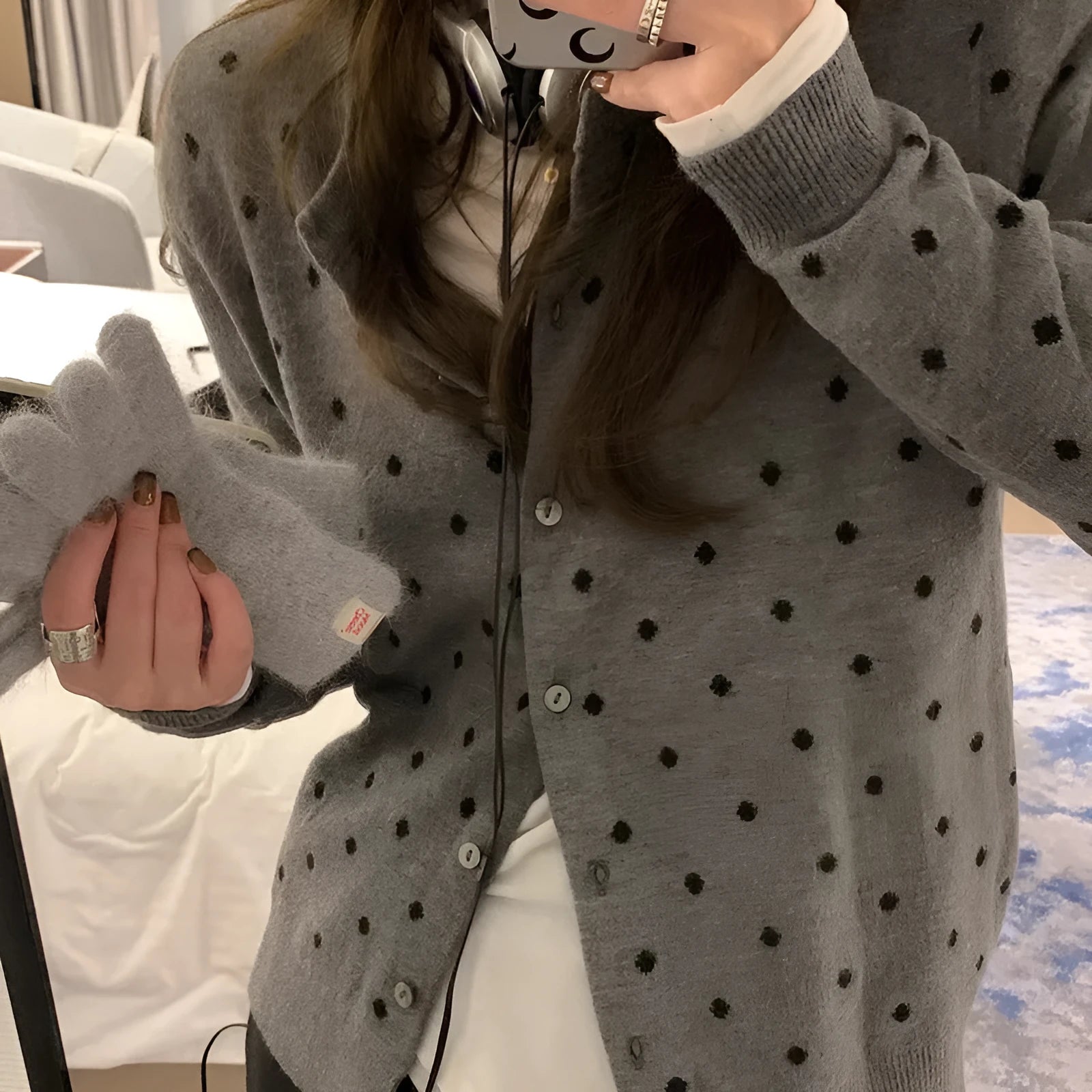 Women's gray dot pattern knitted cardigan with crocheted flowers, loose fit viscose fibre construction