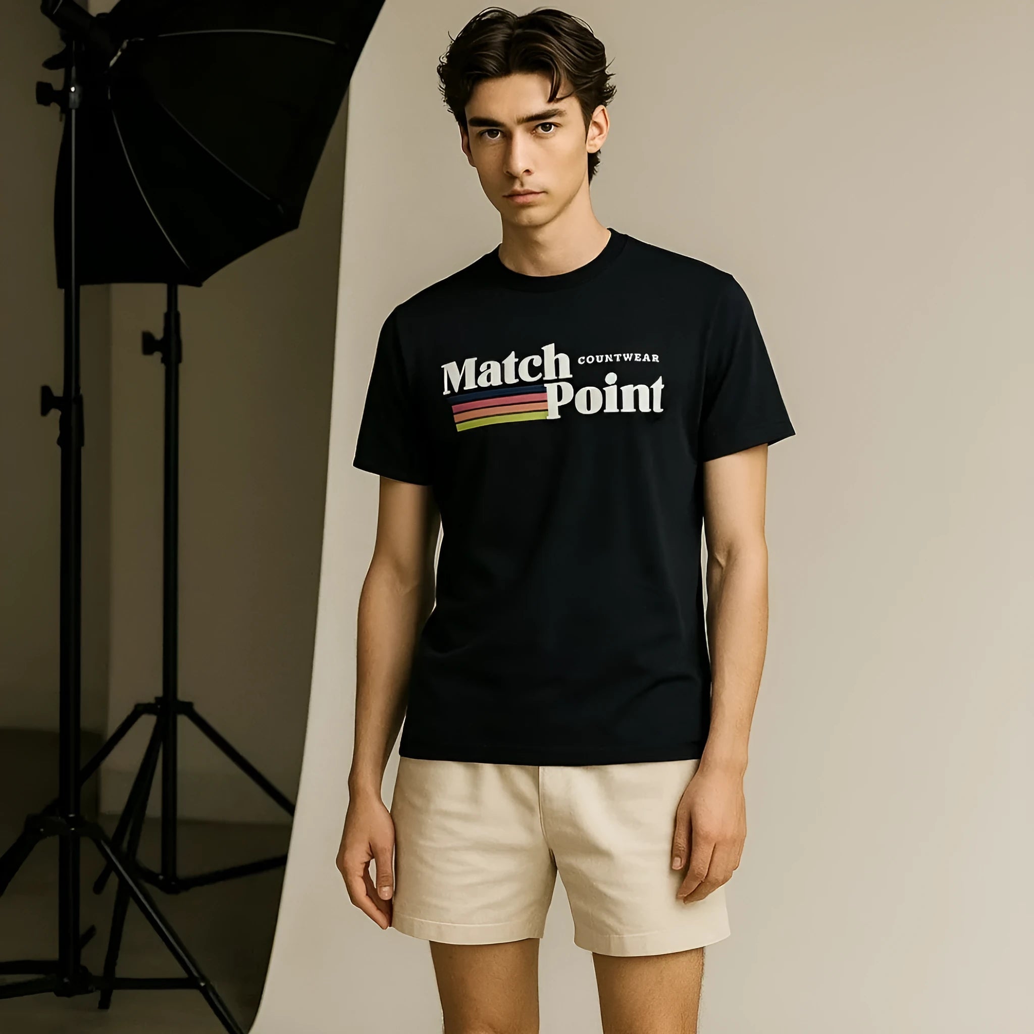 Men's black T-shirt with 3D digital printed pattern, round neck and short sleeves