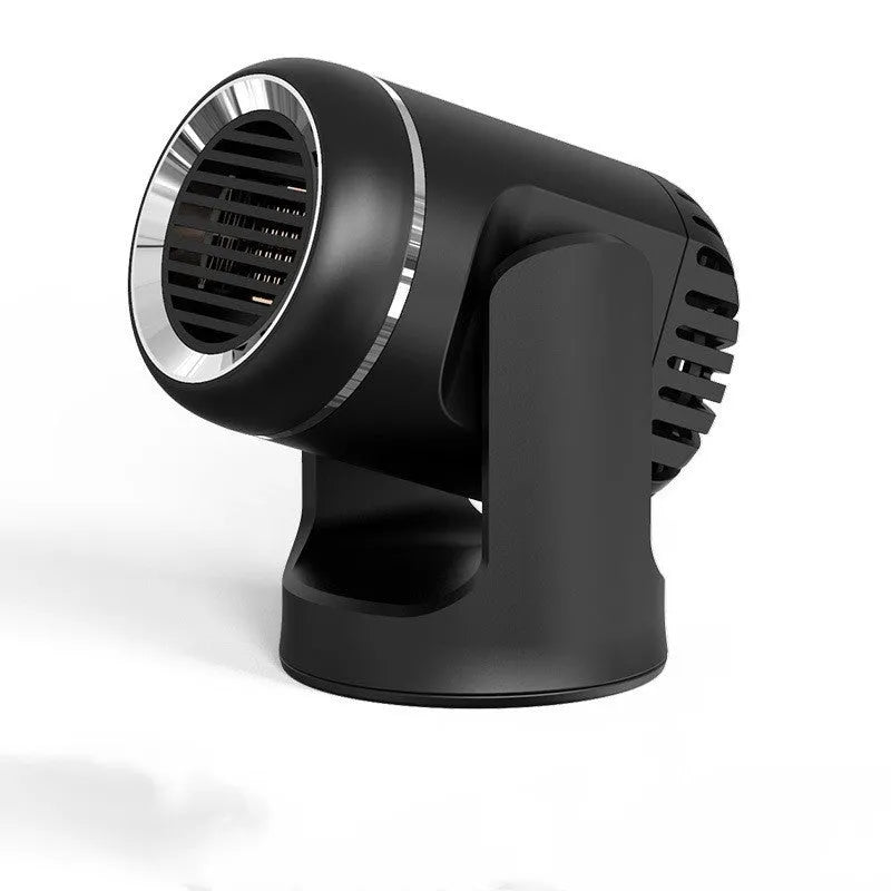 Black and white 12V car heater with defrost function measuring 14x12x8cm