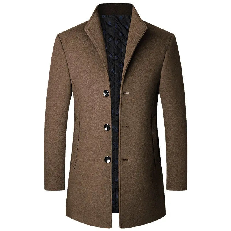 Men’s solid colour wool blend light business coat available in black, grey, wine red, coffee, blue, sizes M to XXXL