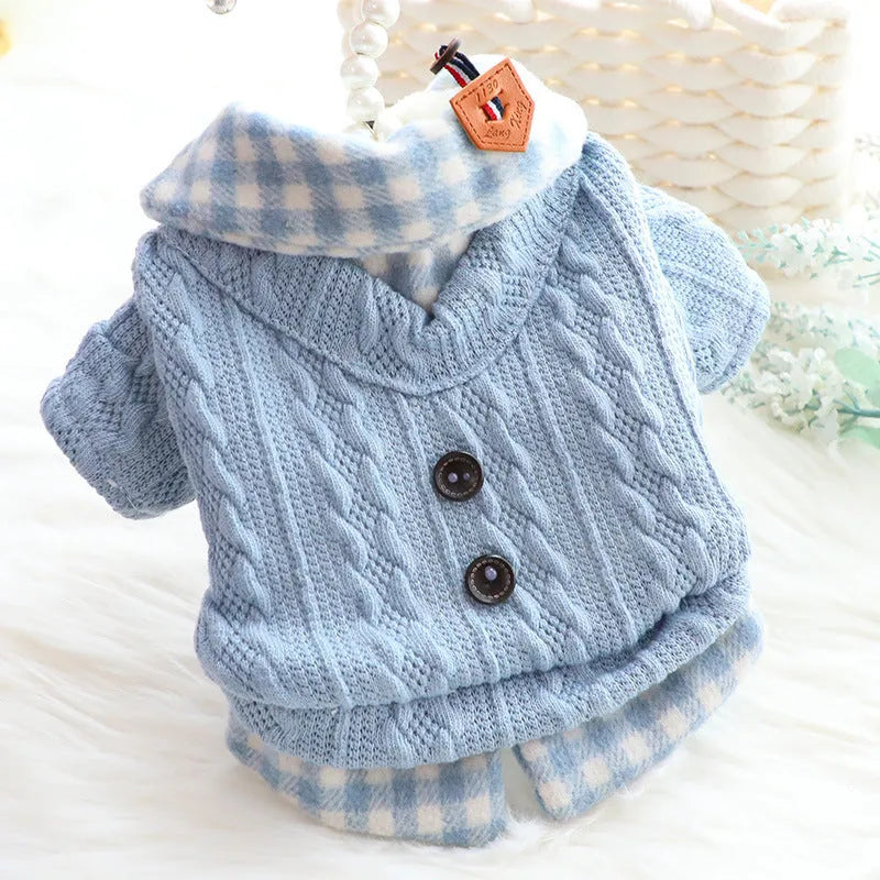 Blue wool plaid fleece-lined dog sweater faux two-piece design on small dog