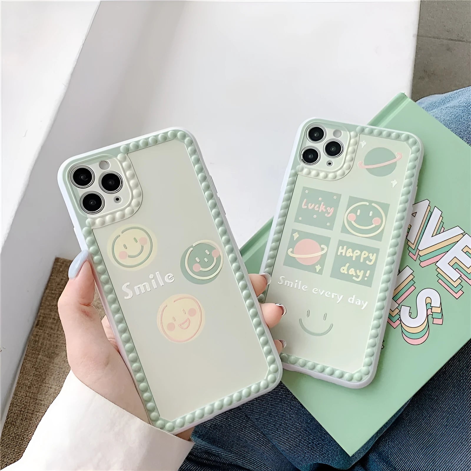 Green iPhone case with smiley face geometric patterns and polka dot frame designs