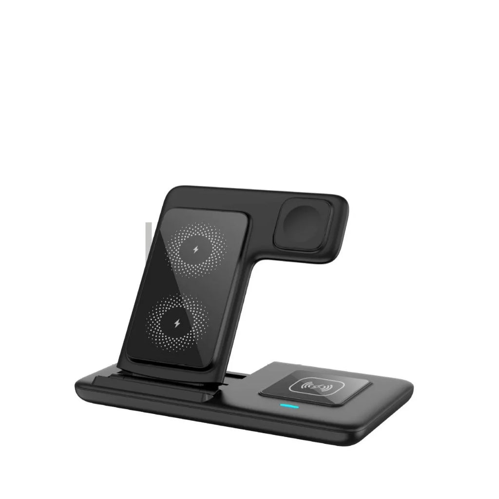 Three-in-one foldable wireless charger in black with twin coil and 15W fast charge for phone watch earbuds