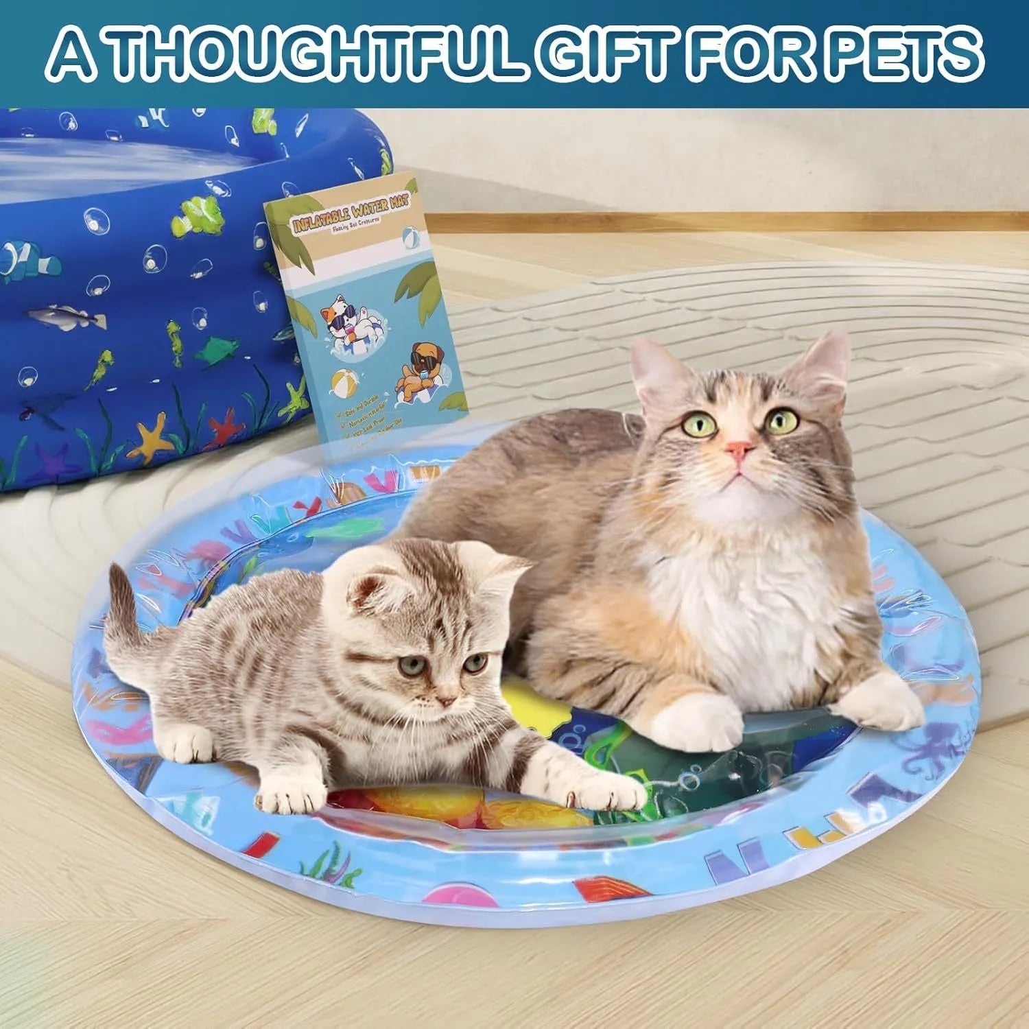 Square cat water play mat with ocean fish design and floating toys inside for sensory pet exercise
