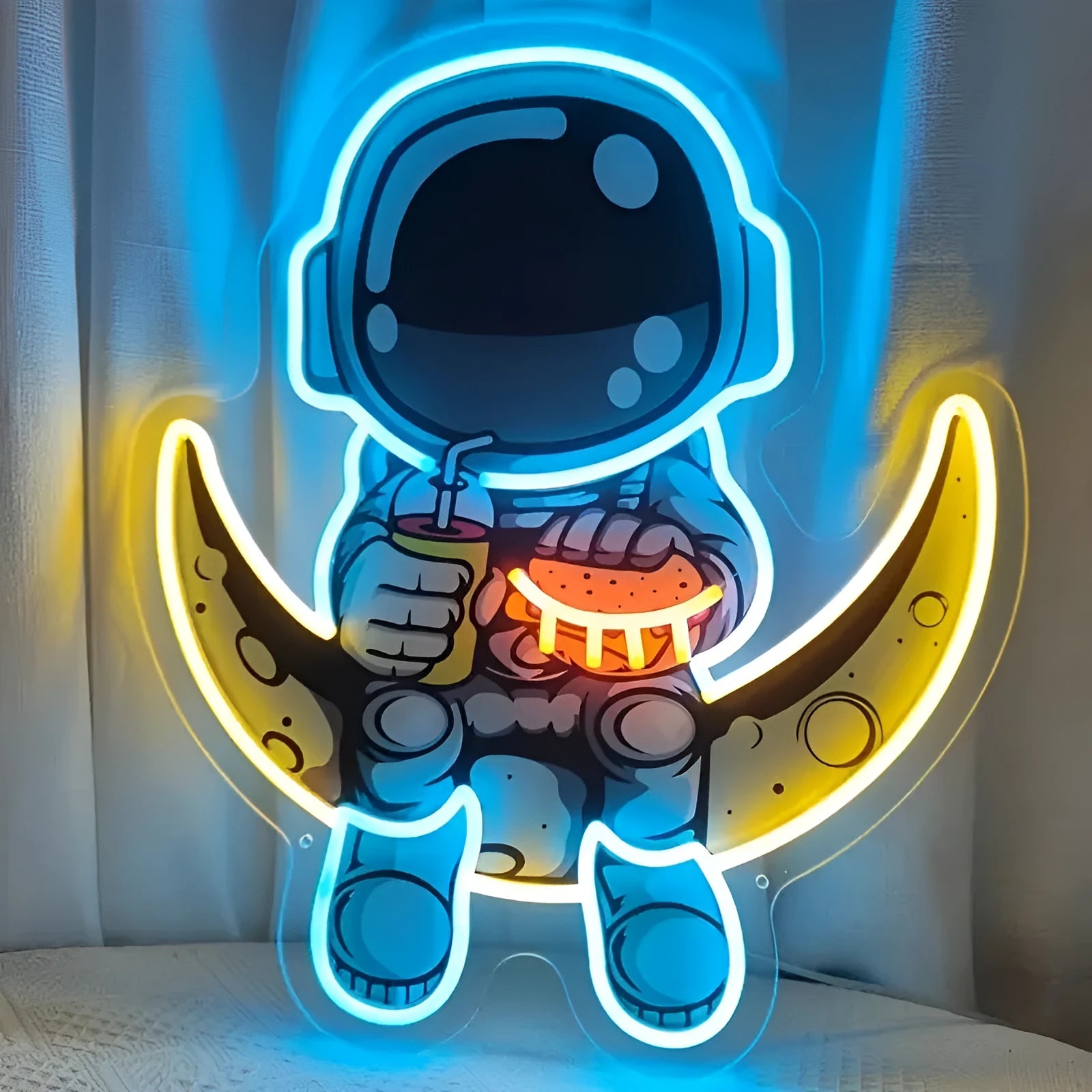 Astronaut wall mounted neon light in blue lemon yellow with USB cable, 30x35cm plastic shell for indoor decoration