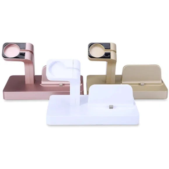 White 2-in-1 charging dock station holding an iPhone and an Apple Watch upright on a desk.
