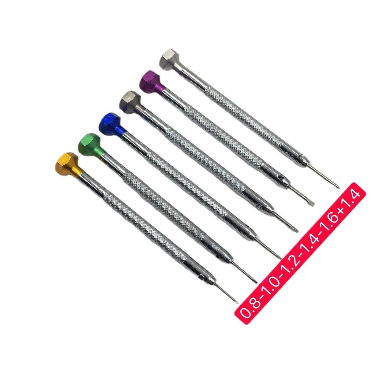 Six colour-coded watch repair screwdrivers with copper handles stored in an open aluminium case.