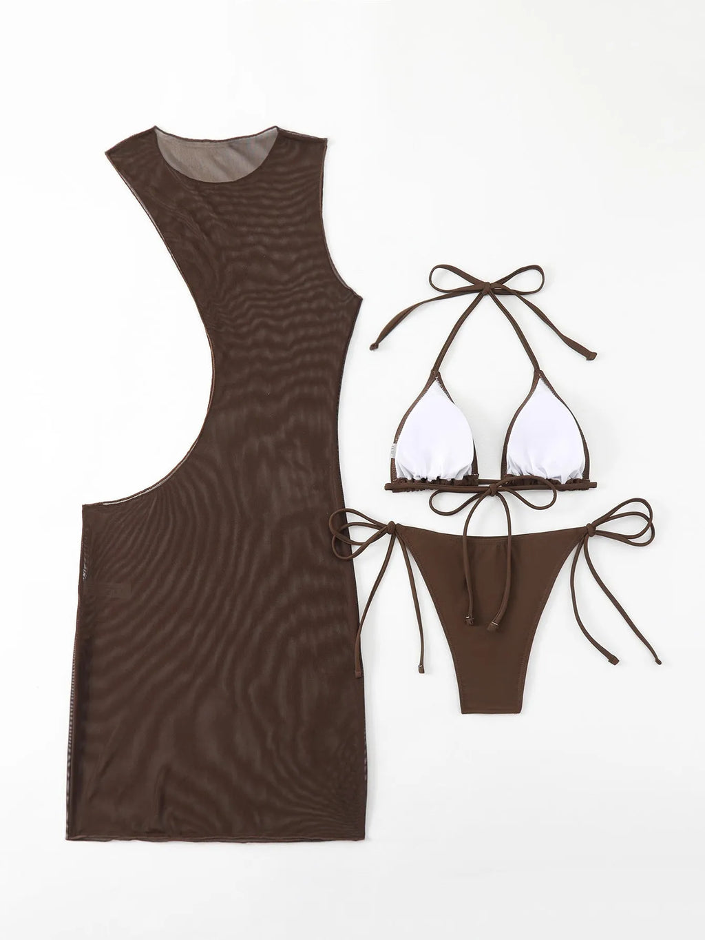 Women's brown three-piece split swimsuit set with bra, shorts, and blouse on a model.
