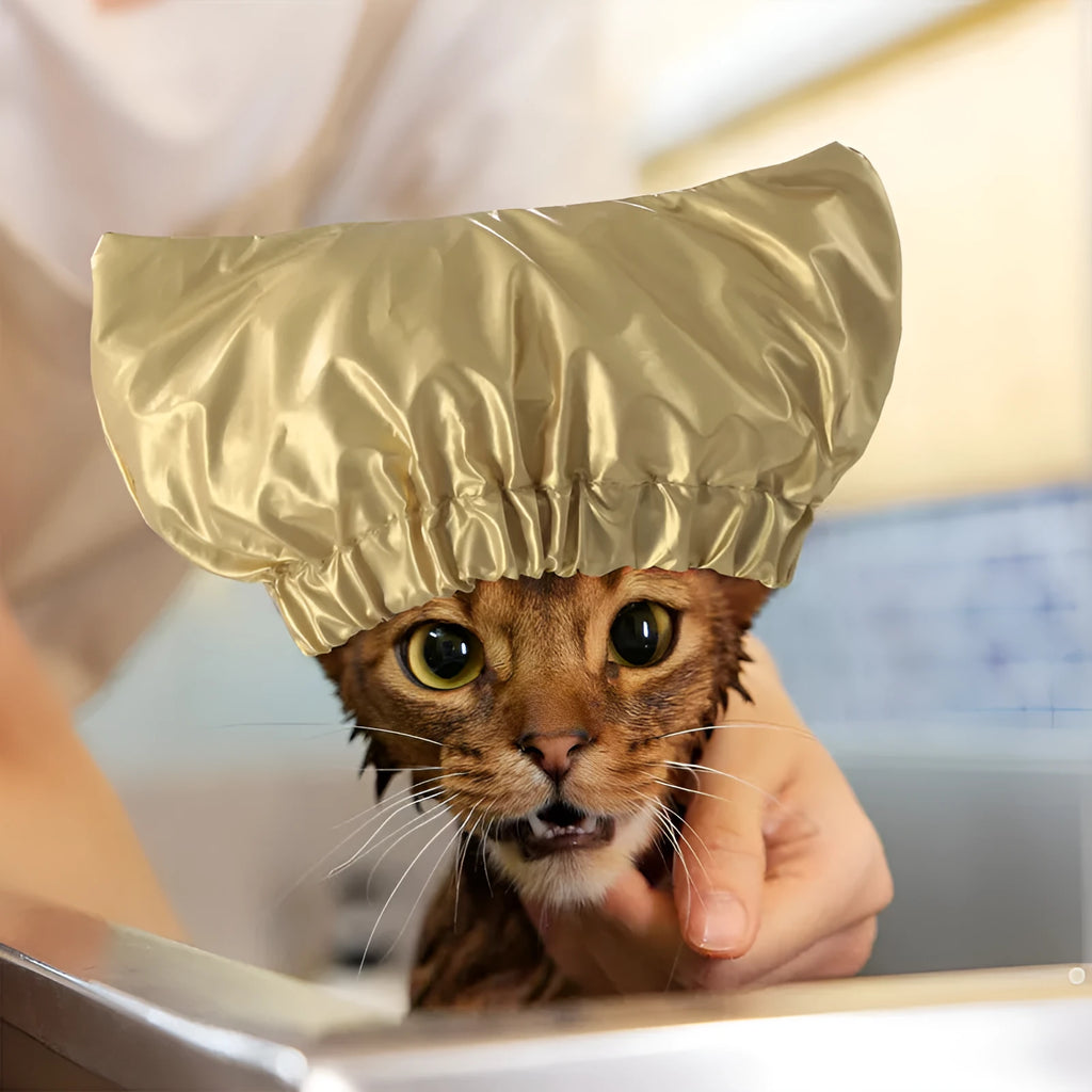 Adjustable waterproof shower cap for pets in silver, pink, and gold colours with ear protection