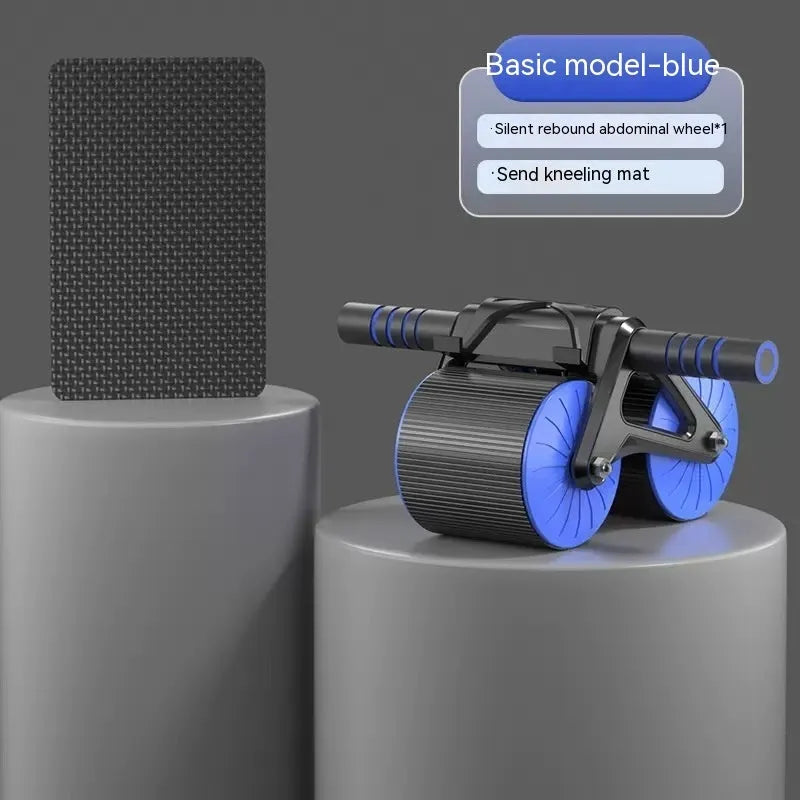 Black abdominal wheel with automatic rebound mechanism next to a thick grey lock-edge NBR yoga mat.