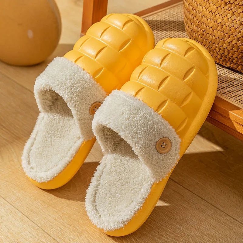 Pink detachable EVA slippers with plush lining and a flat, round-toe design for women.