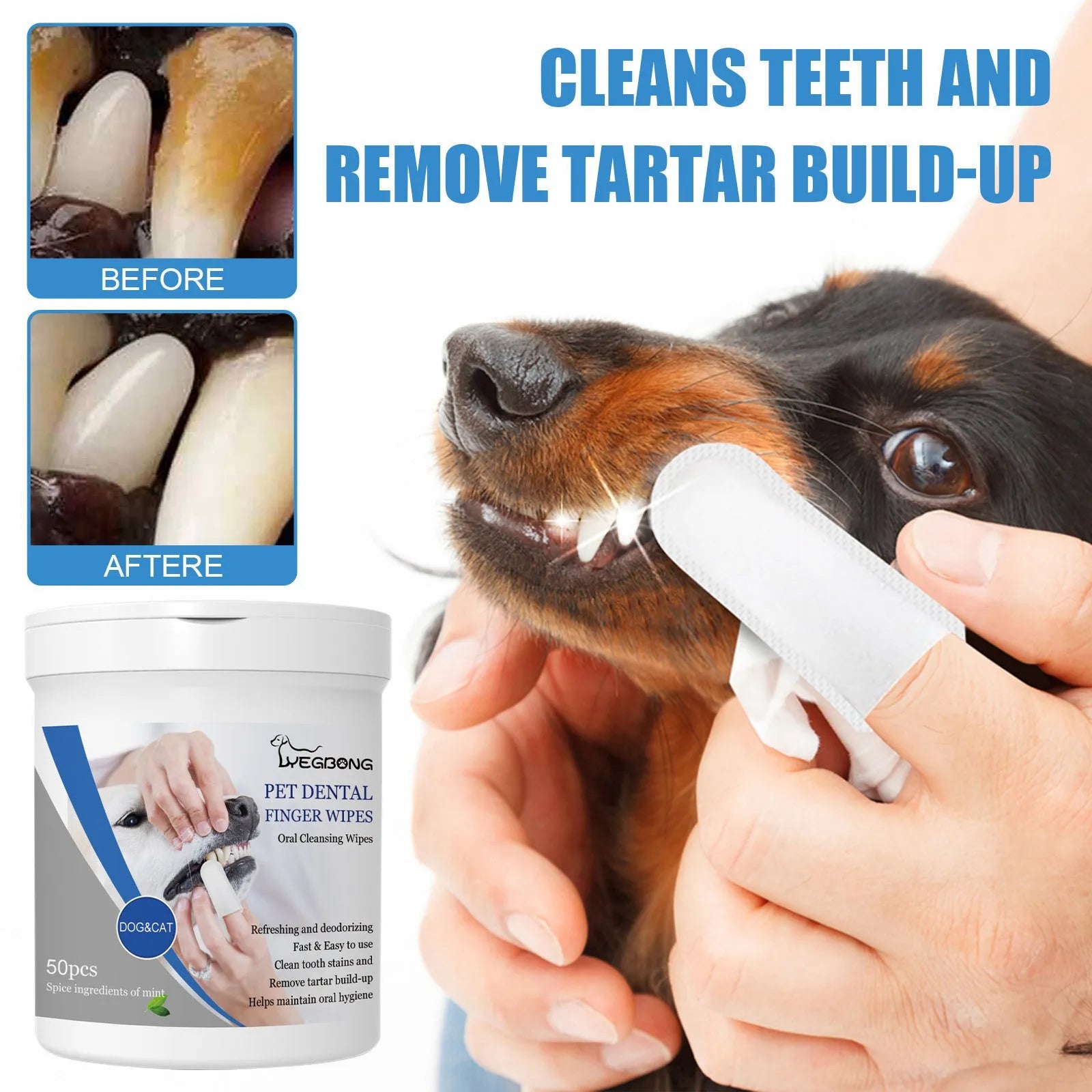Can of dog teeth cleaning wipes with reusable silicone finger stall for dental care application
