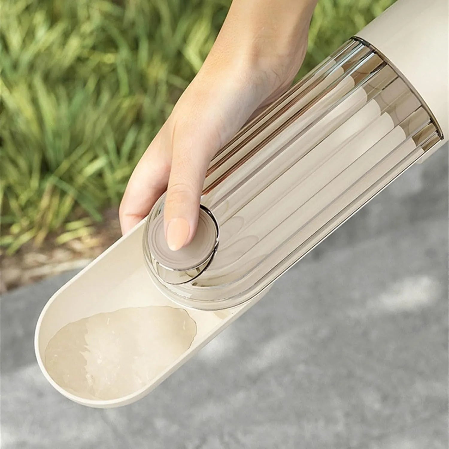 Foldable dog water bottle with food container for walking and hiking with pets