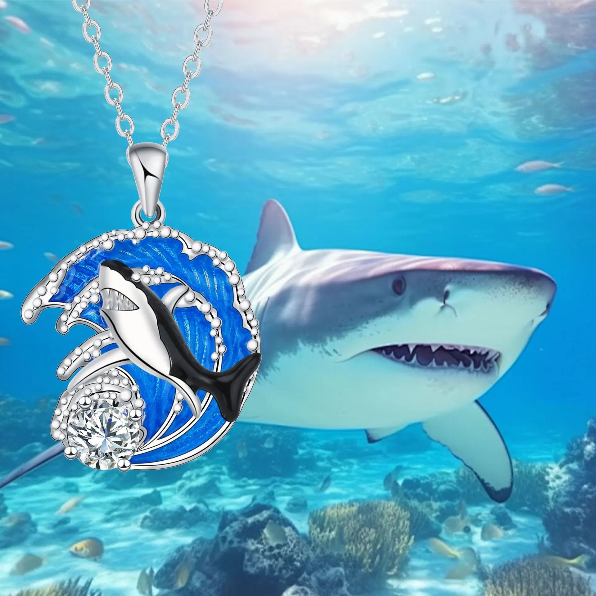 Women's shark necklace with copper pendant and cross chain style, adjustable 41-50cm length