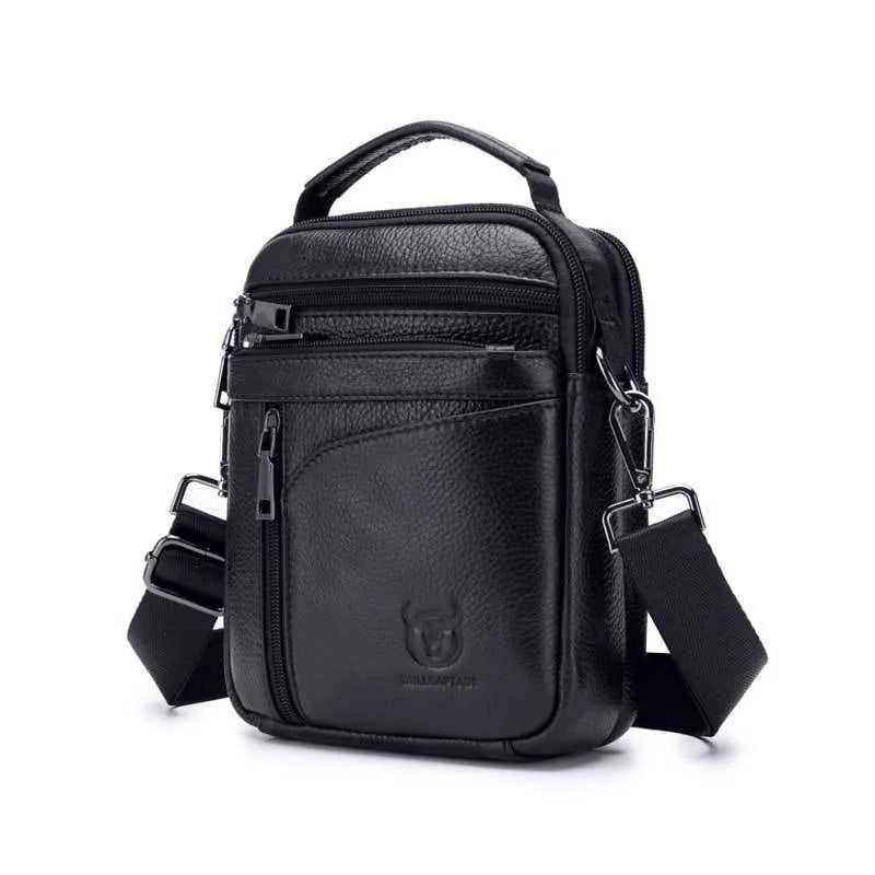 Men's black genuine leather shoulder messenger bag with retro styling