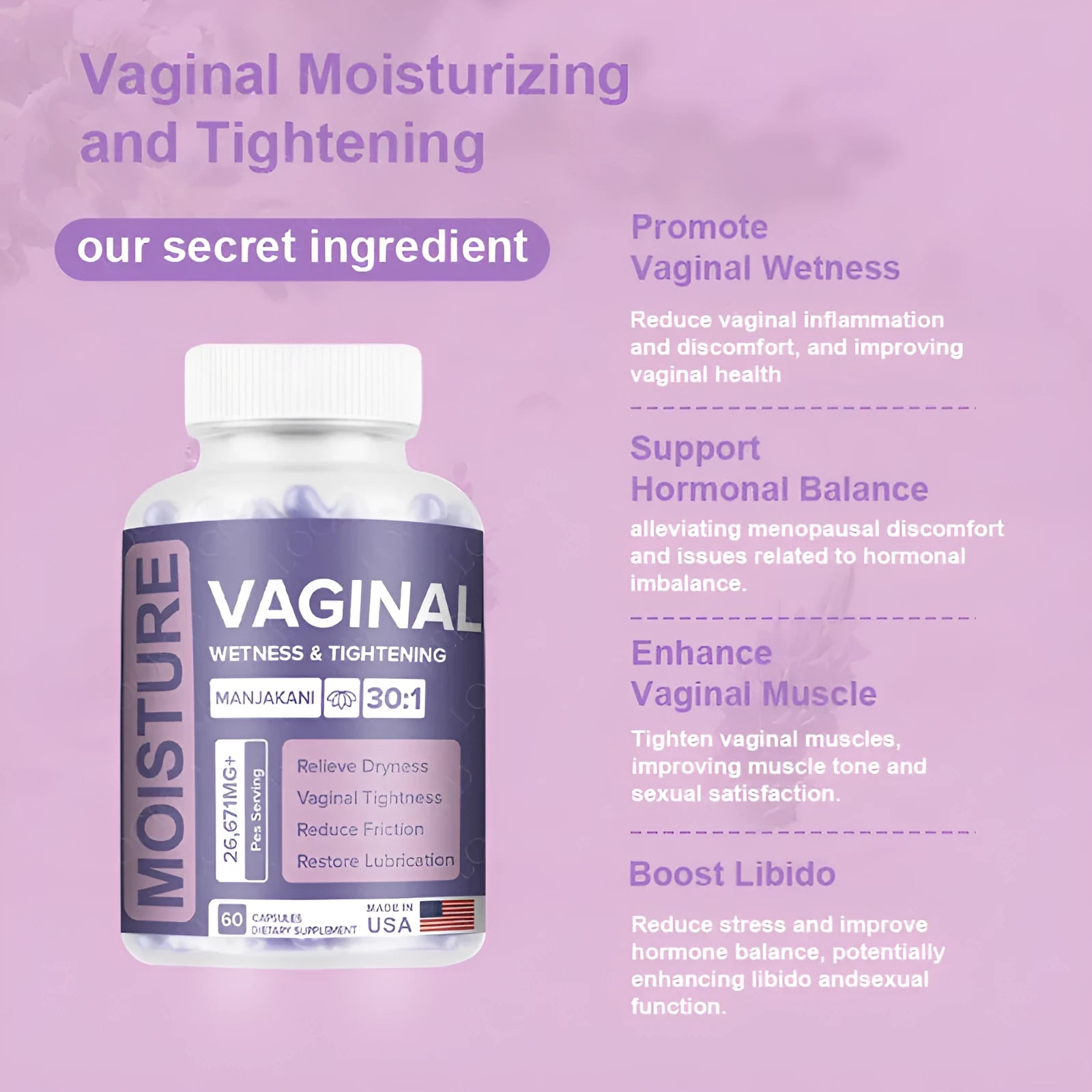 Bottle containing 60 vaginal capsules with botanical extract for adult women