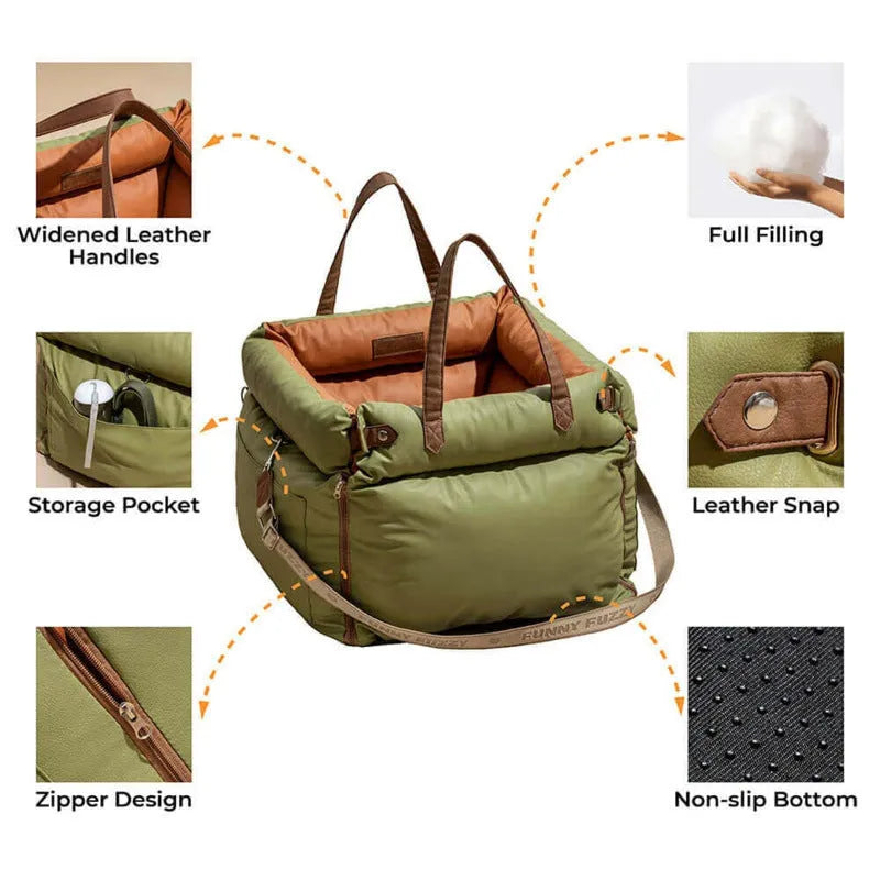 Green waterproof PU leather pet car nest bed for dogs on a car seat.