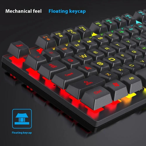 Black 104-key backlit gaming keyboard with compact design and matching mouse