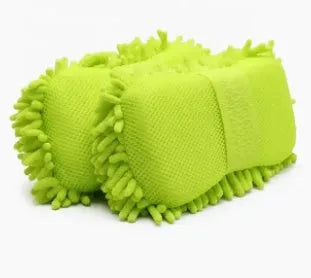 Silvery green chenille microfiber car wash sponge measuring 14 by 25 centimetres