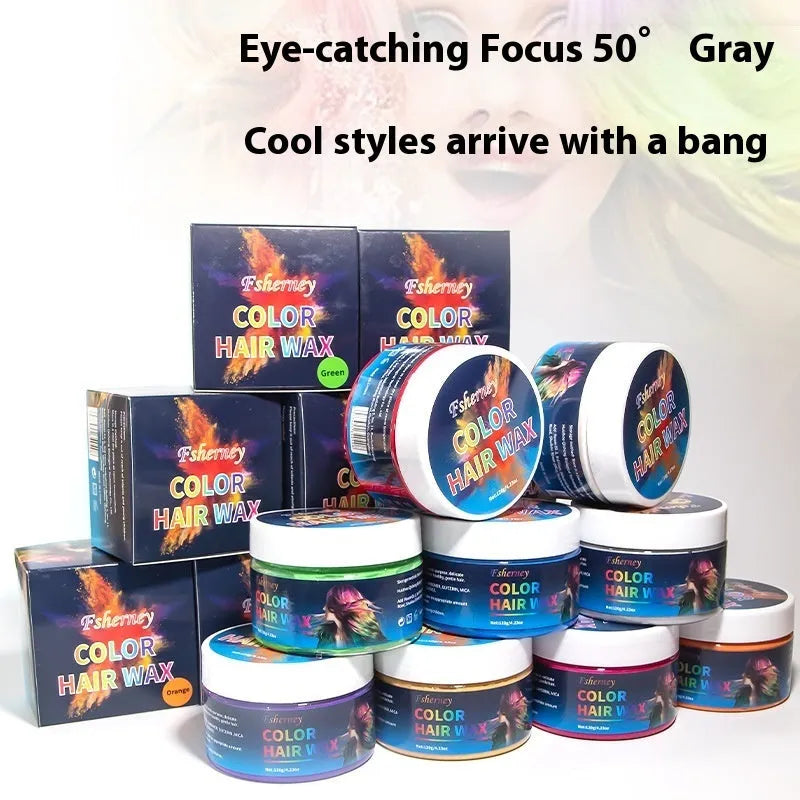 120g hair styling clay available in nine colours including white, blue, green, purple, and granny grey