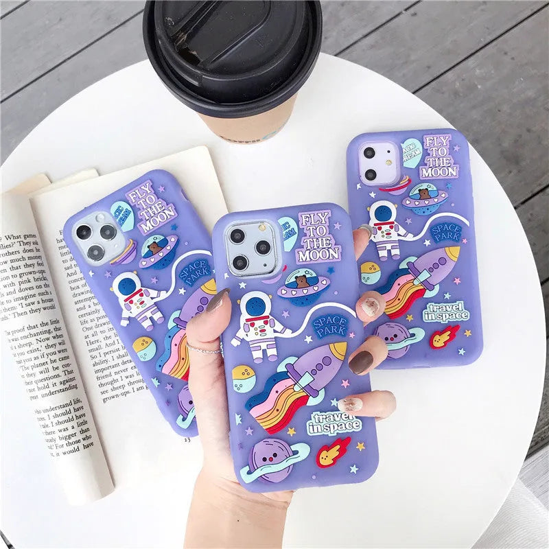 Purple silicone phone case with 3D stereoscopic astronaut and rocket design for Apple iPhone