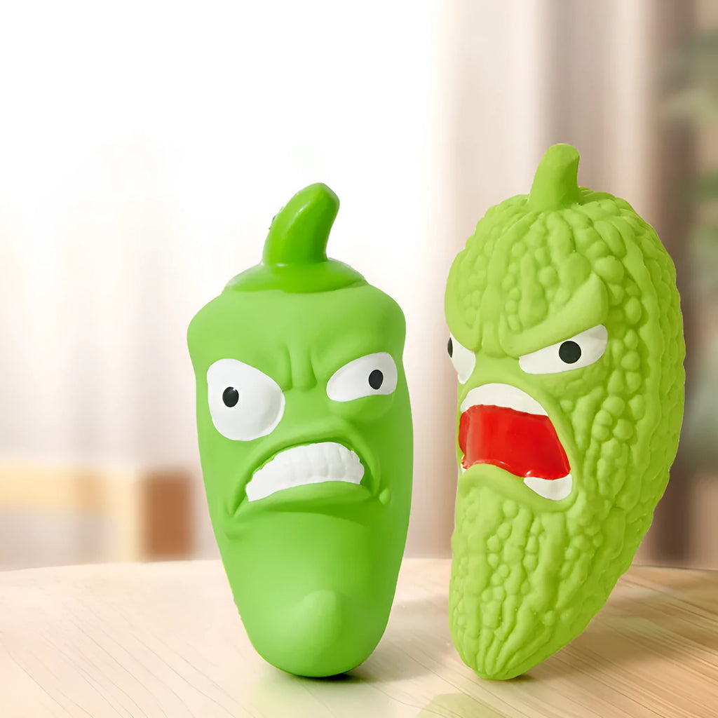 Bitter melon or chili shaped dog toy with sound feature for biting resistance and tooth cleaning