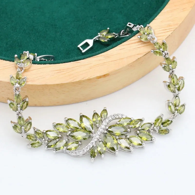 Retro floral jewellery suit with copper alloy and zircon inlay including necklace, bracelet, earrings, and ring