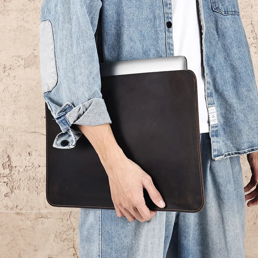Horizontal computer liner bag in Crazy Horse leather with two size options
