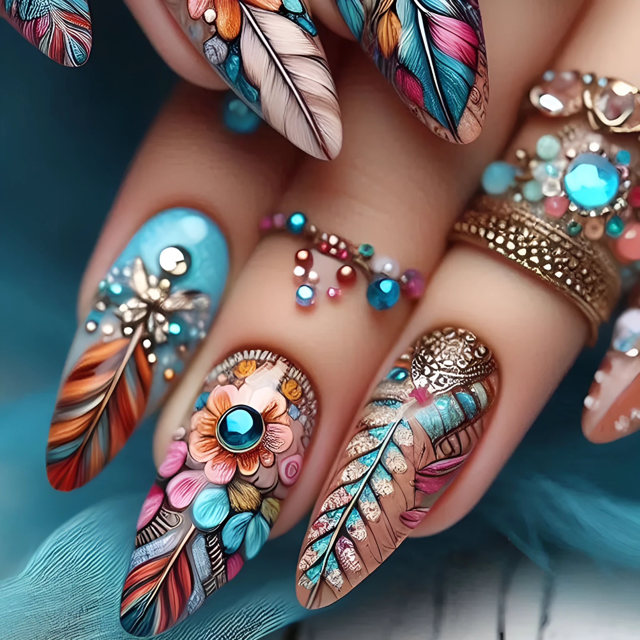 Retro colourful feather wearing armour nail art set with cartoon designs and plastic Jelly Glue burnishing stick
