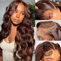 Dark brown long curly women's wig with side bangs and front lace cap