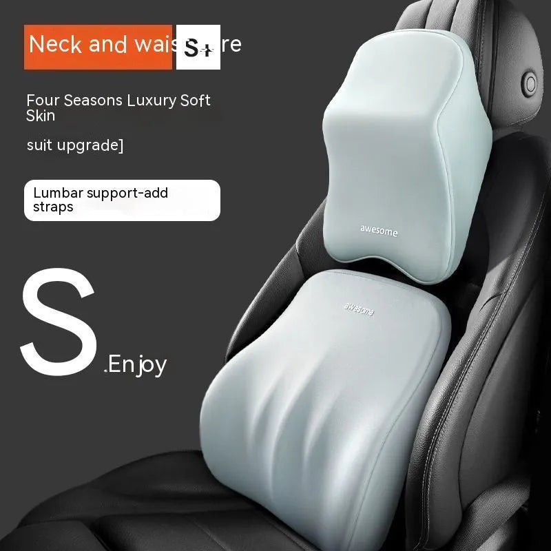 Memory foam car neck pillow and lumbar support cushion set in grey.