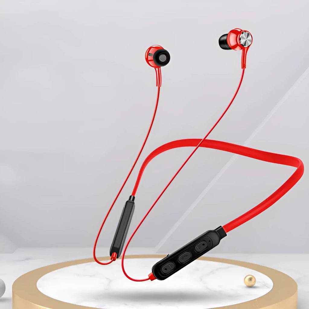 Black Bluetooth neckband sports earphones with earpieces and USB cable