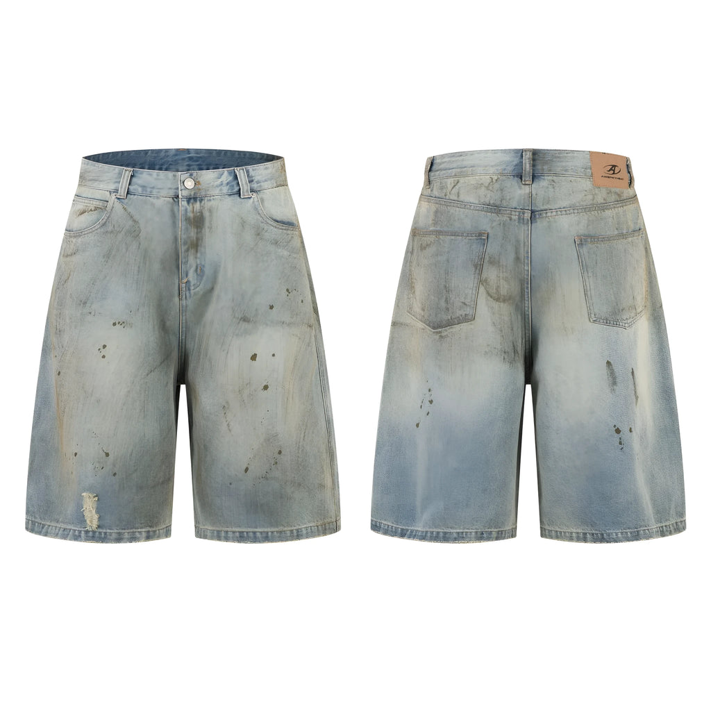 Blue cropped washed denim middle pants with straight leg street fashion style and zipper fly