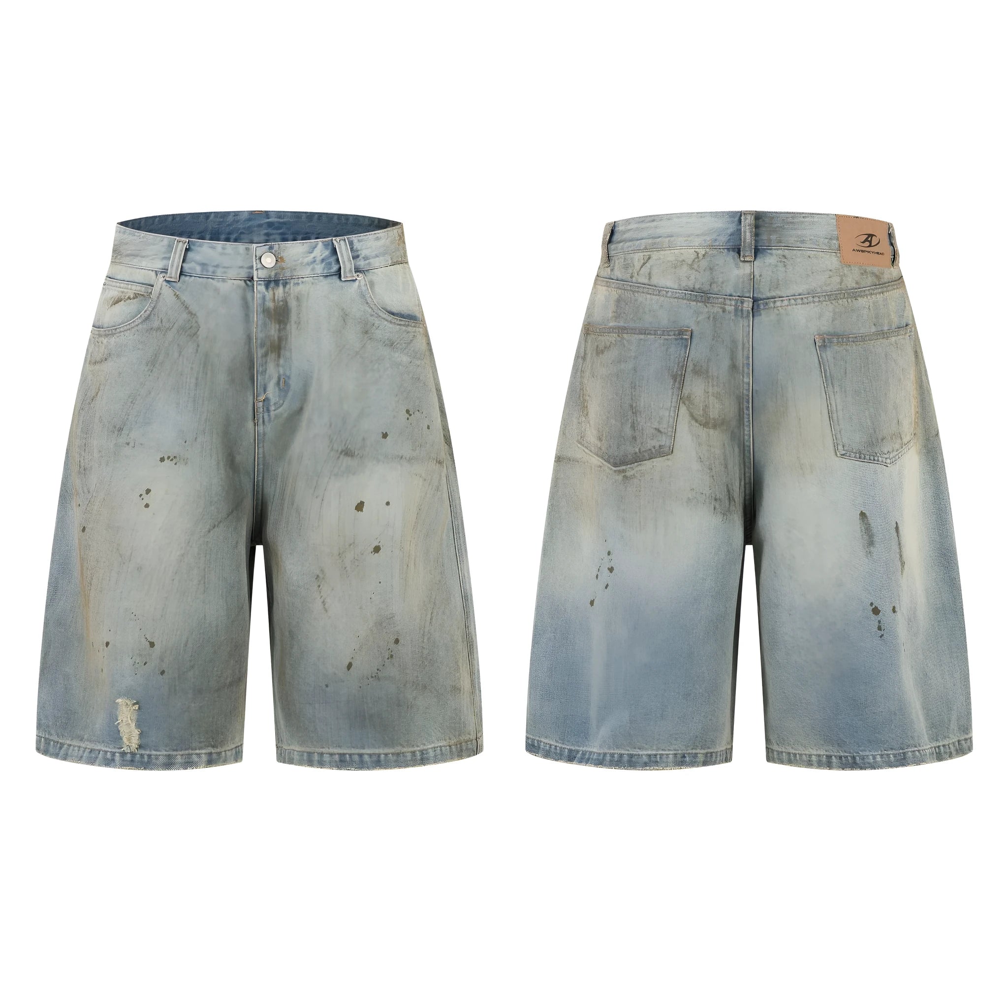 Blue cropped washed denim middle pants with straight leg street fashion style and zipper fly