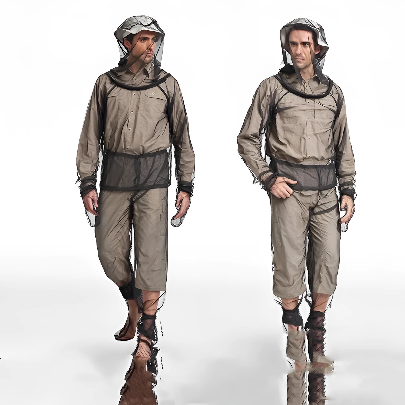 Four-piece mosquito-proof suit set showing hooded jacket, pants, and booties in breathable mesh fabric