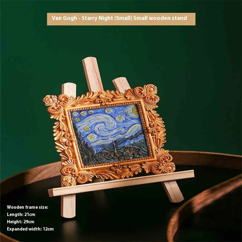 DIY oil painting kit showing Van Gogh's Starry Night reproduction on canvas with acrylic paints and wooden frame