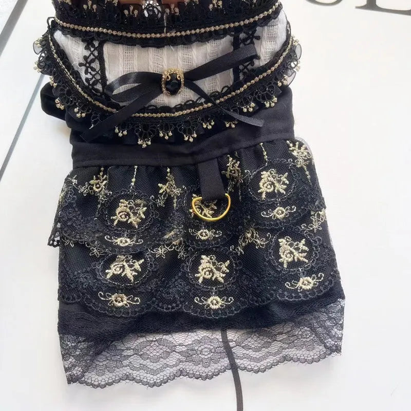 Golden gothic princess-style polyester skirt for cats and dogs showing detailed sizing options