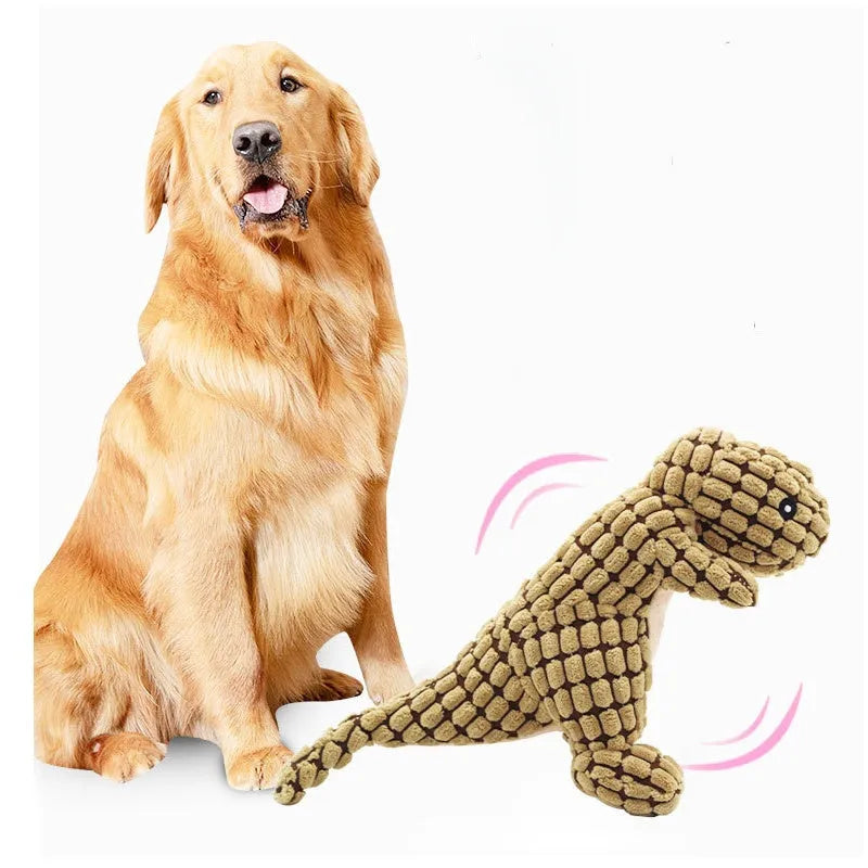 Grey, green, and orange durable dog toys with sound for chewing and boredom relief.