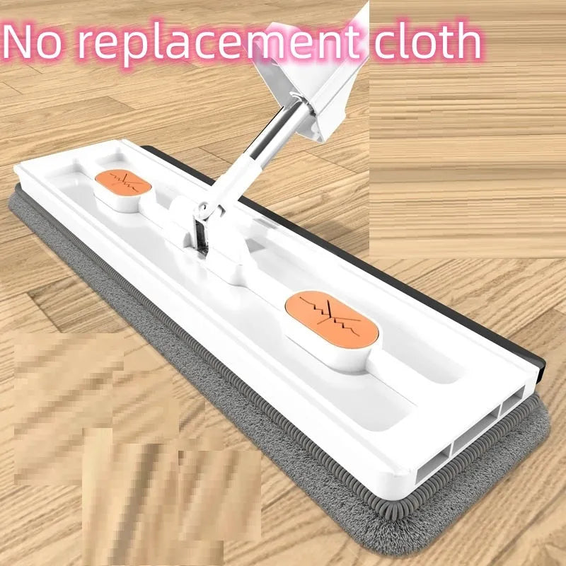 Large flat mop with stainless steel handle and blue cloth on hard floor