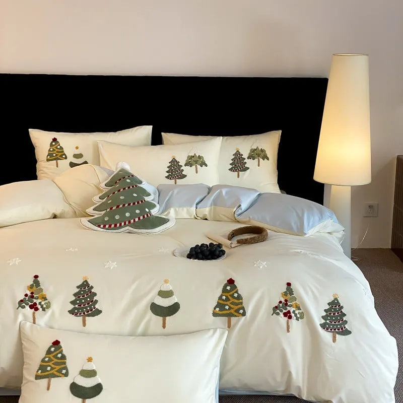 Christmas tree embroidered cotton duvet cover set with pillowcases in cream blue colour