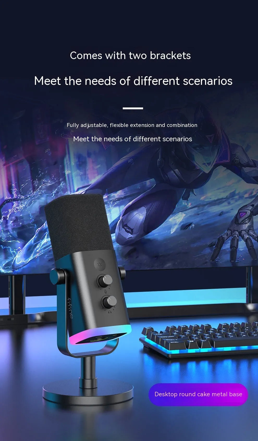 Dynamic noise reduction microphone in black, pink or white with XLR cable and desktop base