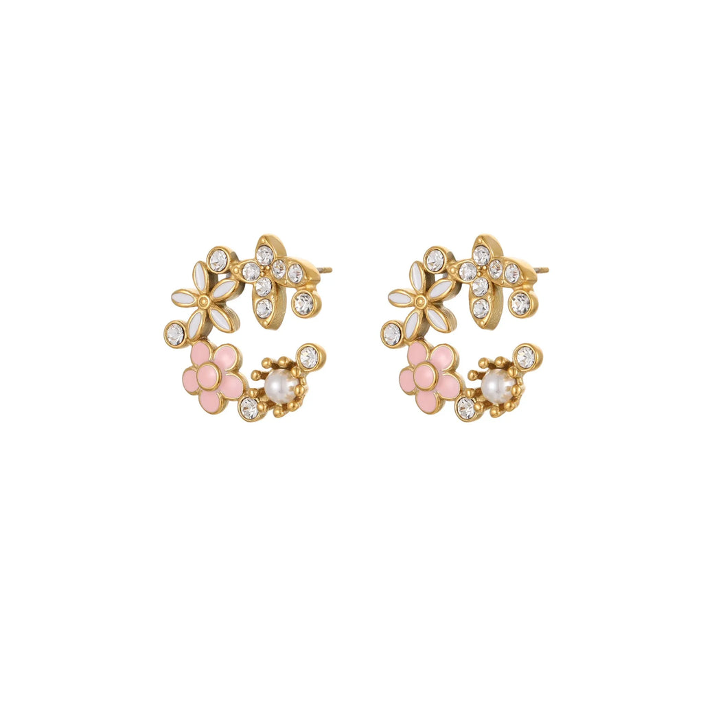Women's stainless steel flower stud earrings with 18K gold electroplating and colourful oil treatment