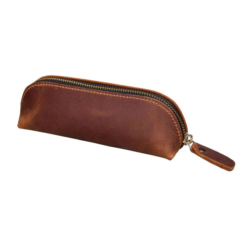 Black handmade cowhide leather pencil case with zipper, showing square 18cm design.