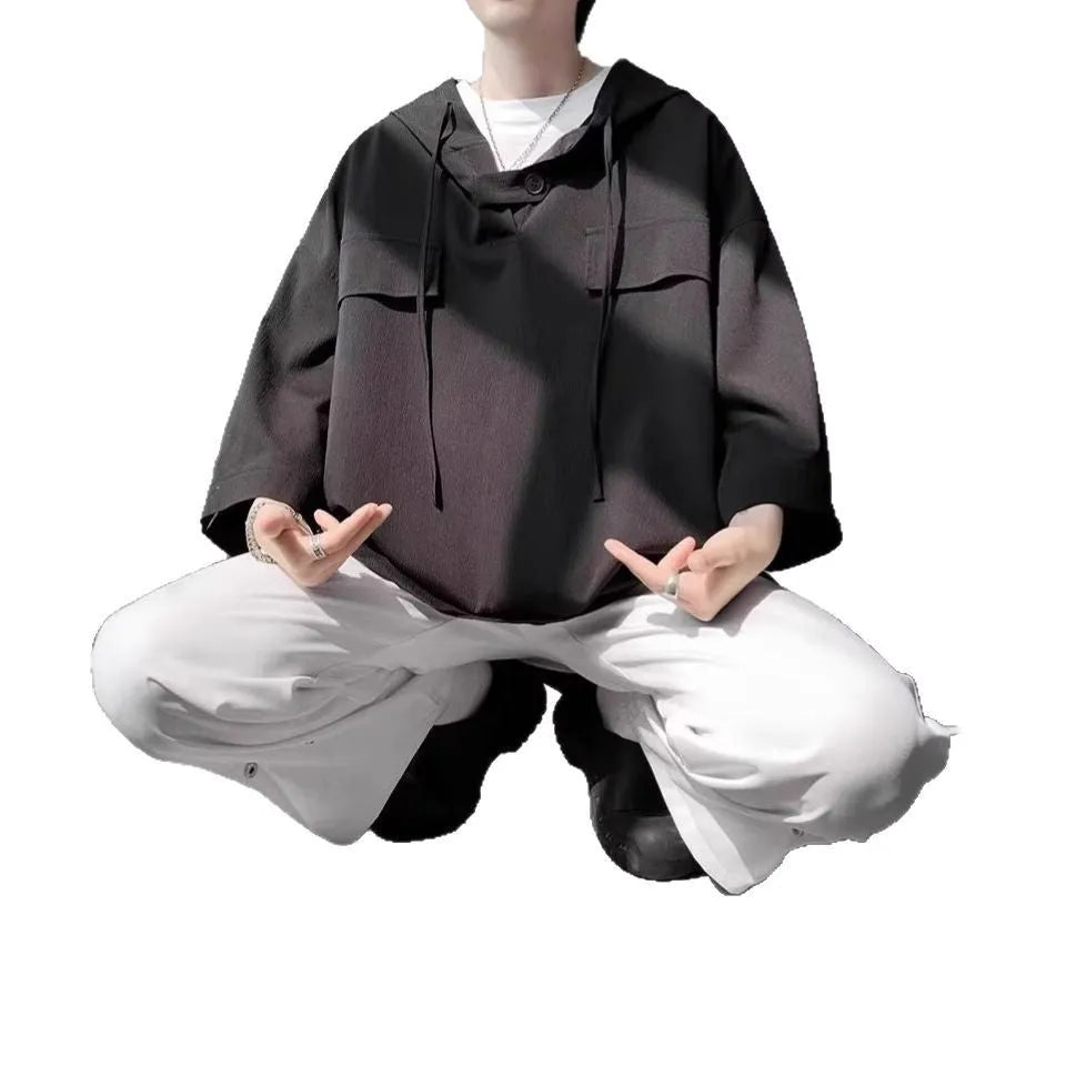 Men's hooded short sleeve polyester t-shirt in solid colours with loose fit design