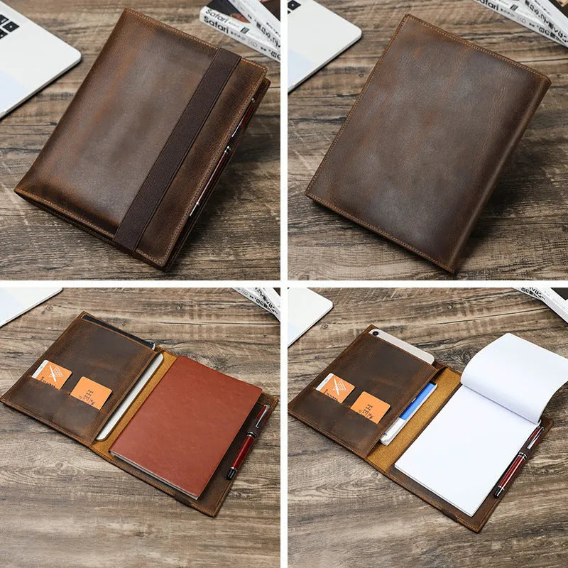 Brown Crazy Horse leather A5 notebook protective sleeve with square socket closure