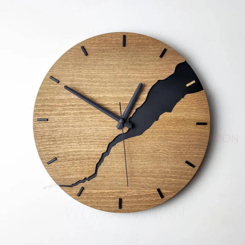 Wooden wall clock with creative crack pattern design in modern circular style